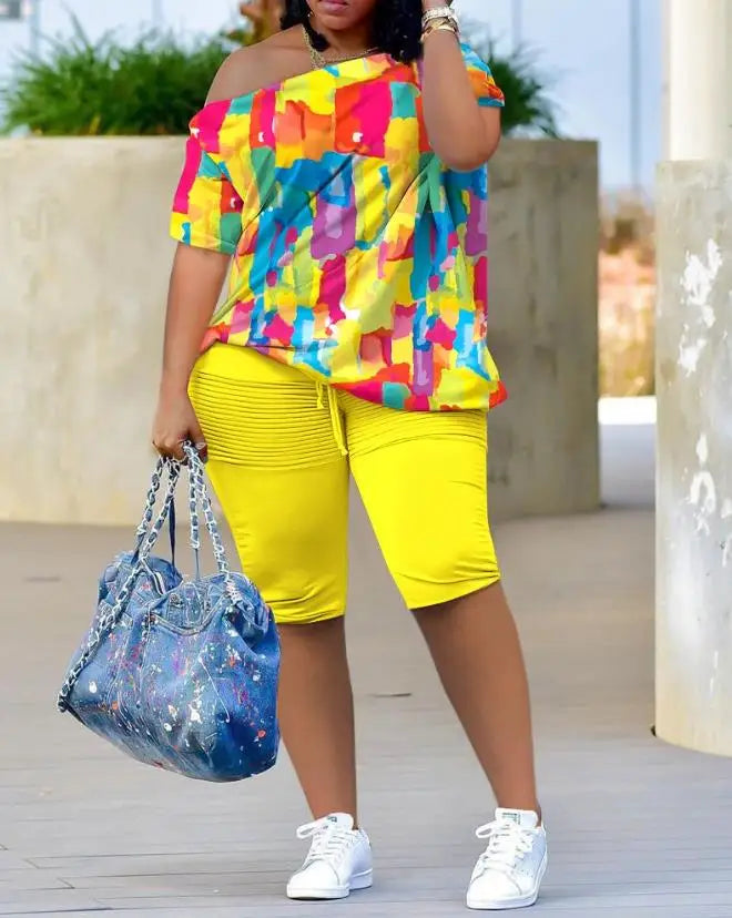 Womens Two Piece Sets Outfit Colors All Over Print Skew Neck Top Shorts Set New Fashion 2024 Summer Casual Loose Female Suits