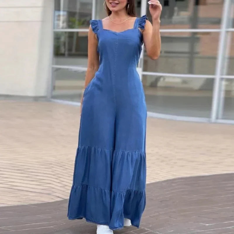 Women Solid Jumpsuits Spring V Neck High Waist Straight Playsuits Summer Backless Wide Leg Pleated Pants Rompers Flared Jumpsuit
