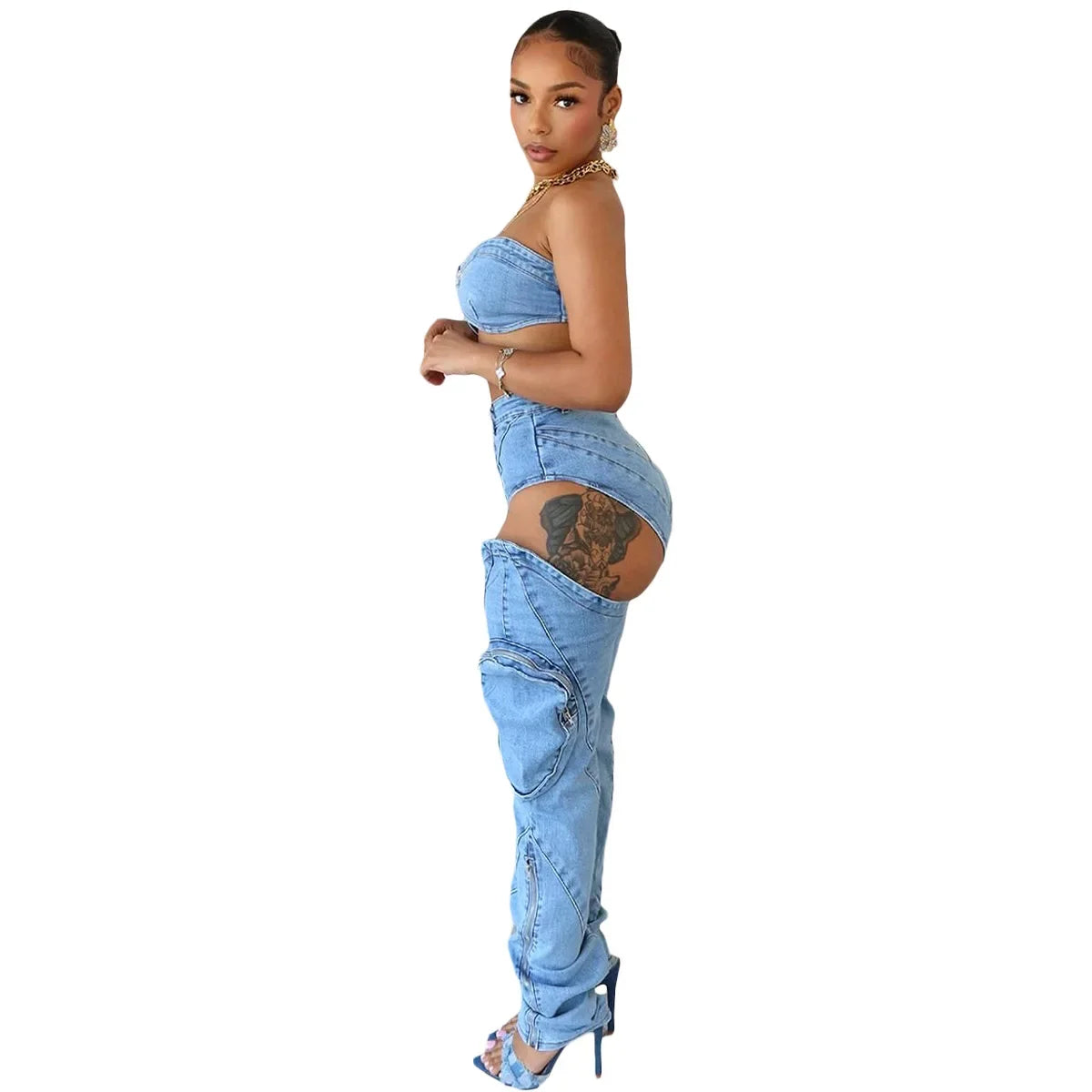 Denim 2 Piece Halter Top Hollow Out Jeans Set