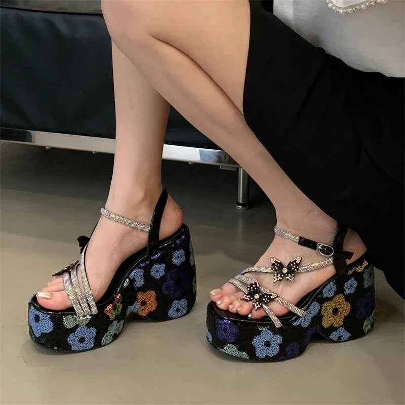 Summer Bling Sequin Buckle Strap Wedges
