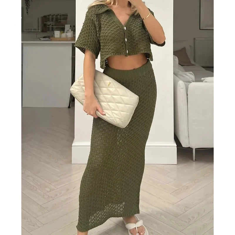 ALLUKASA Knitted Hollow Out Women Skirt Sets Single Breasted Short Sleeve Cardigan Long Skirts Fashion Casual Beach 2 Piece Sets