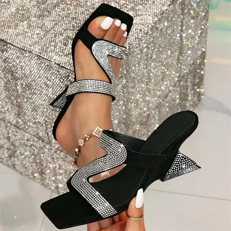 Eilyken Summer Fashion Design Crystal Wedges High Heels Women Slippers Square Toe Shoes Party Dress Zapatos De Mujer