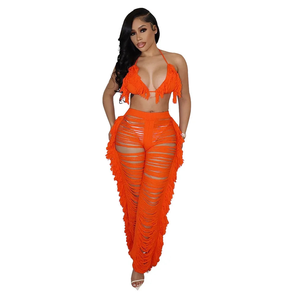 Sexy Bra Crop Top Pants Hollow Out Set