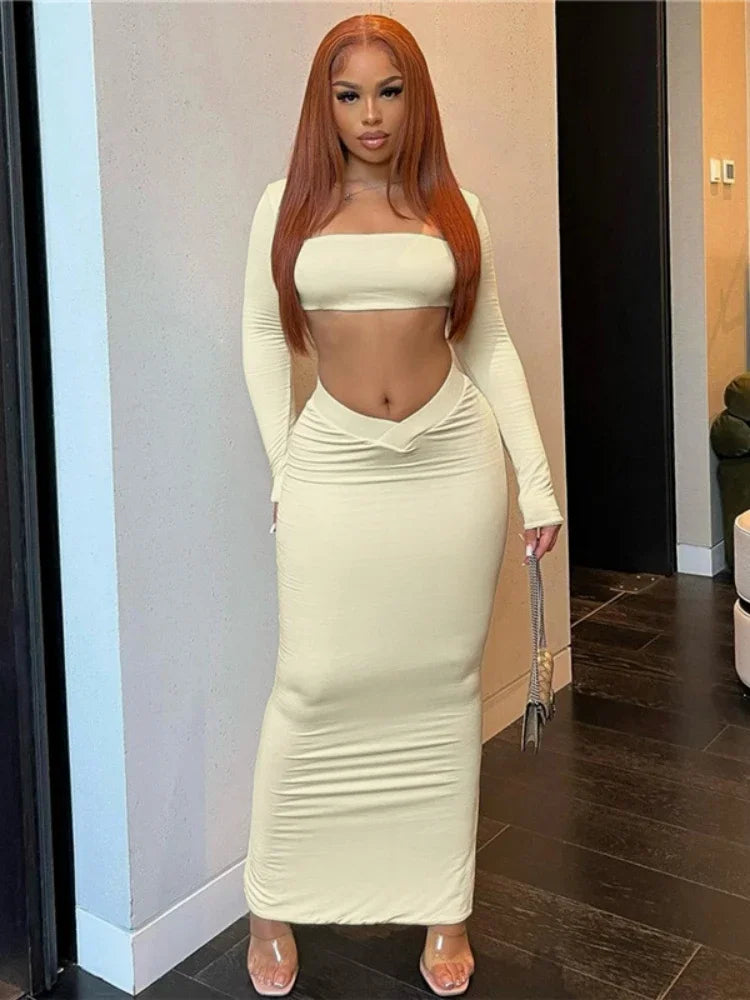 2 Piece Sets Women Outfits Casual Conjuntos Feminino Elegante Square Collar Crop Top Slim Skirt Long Sleeve Ensembles De Jupes