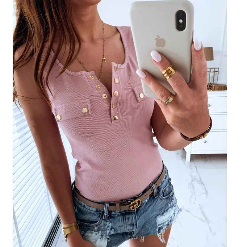 S-5XL New Casual Vest Blouse Ladies Fashion Tank Tops Summer Women's Fashion Slim Sexy Button Shirt Cotton Sleeveless T-shirt