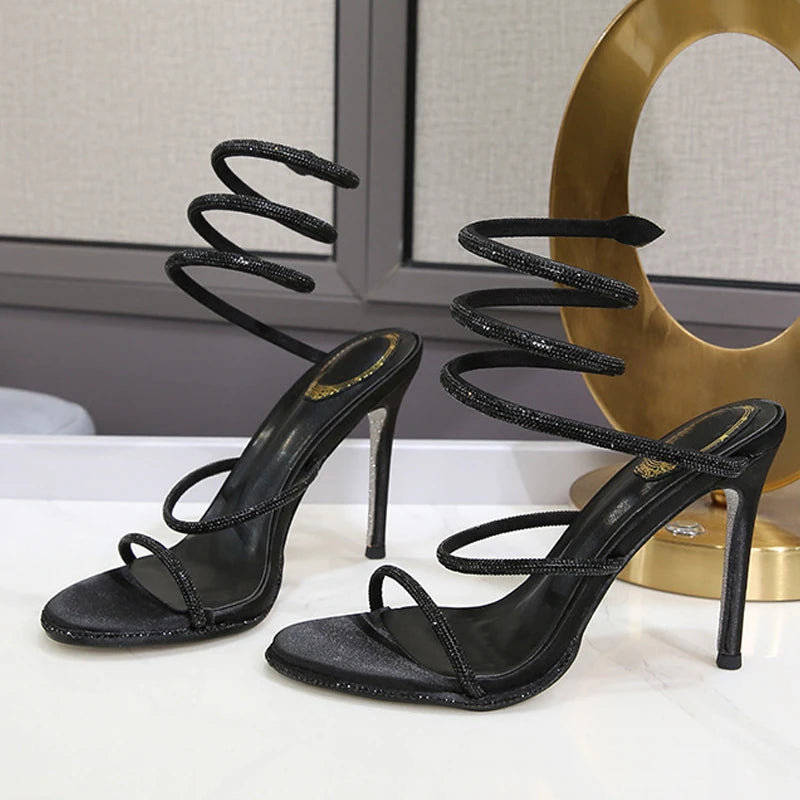 Eilyken Fashion Crystal Stiletto High Heels Woman Sandals Street Style Sexy Open Toe Wedding Party Prom Ankle Strap Shoes