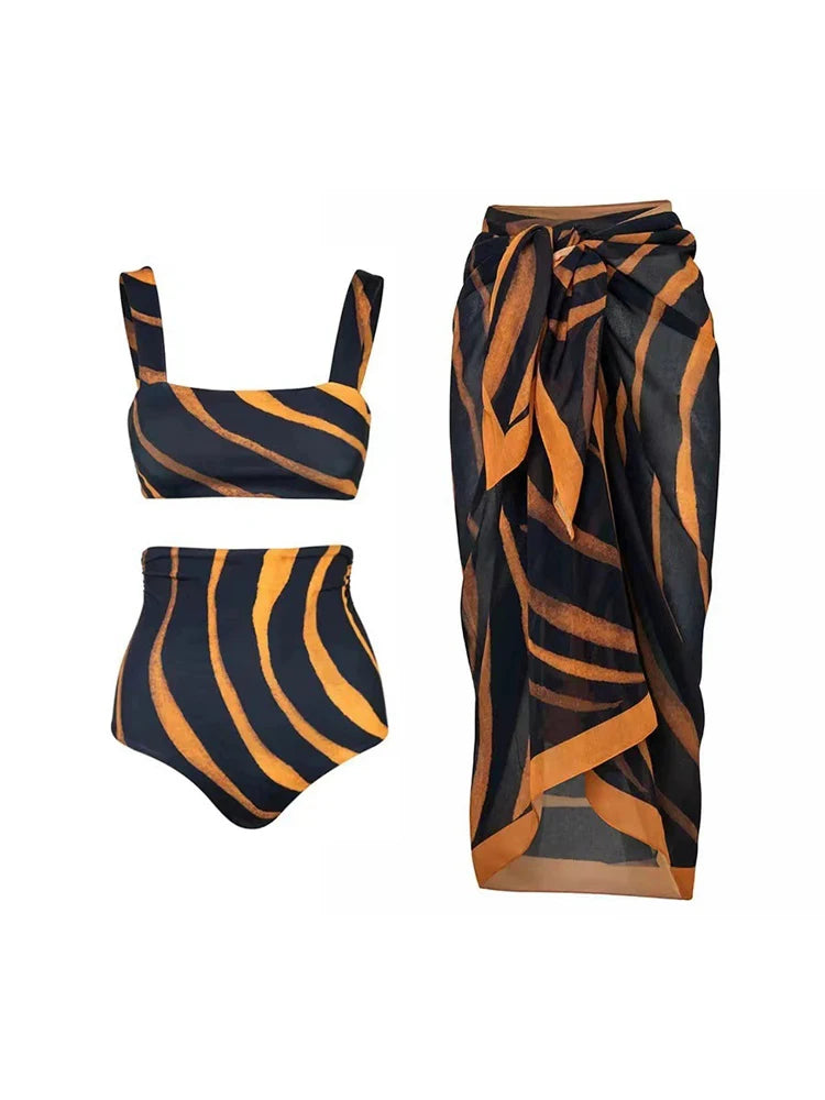 Two Pieces Set Woman Swimsuits 2025 Trend Printed One-piece Swimsuit Sexy Hollowed Out High Waisted Bikini for Beach Vacation