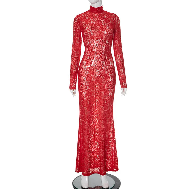 Fashion Sexy Long Sleeve Hollow Out Lace Long Dress for Women Elegant See-through Bodycon Wedding Party Dresses Evening Gown