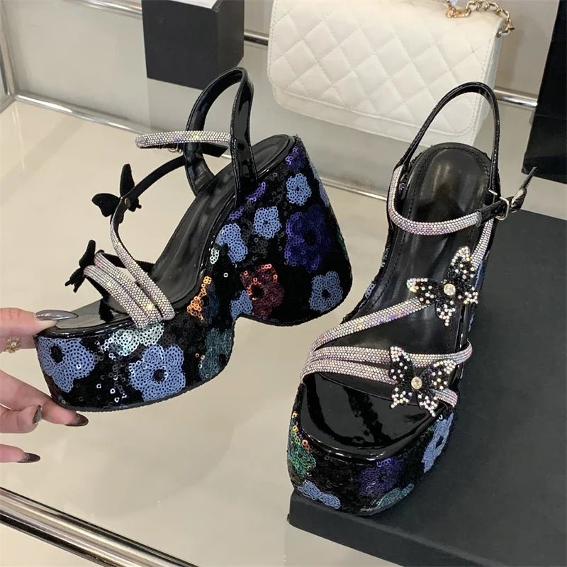 Summer Bling Sequin Buckle Strap Wedges