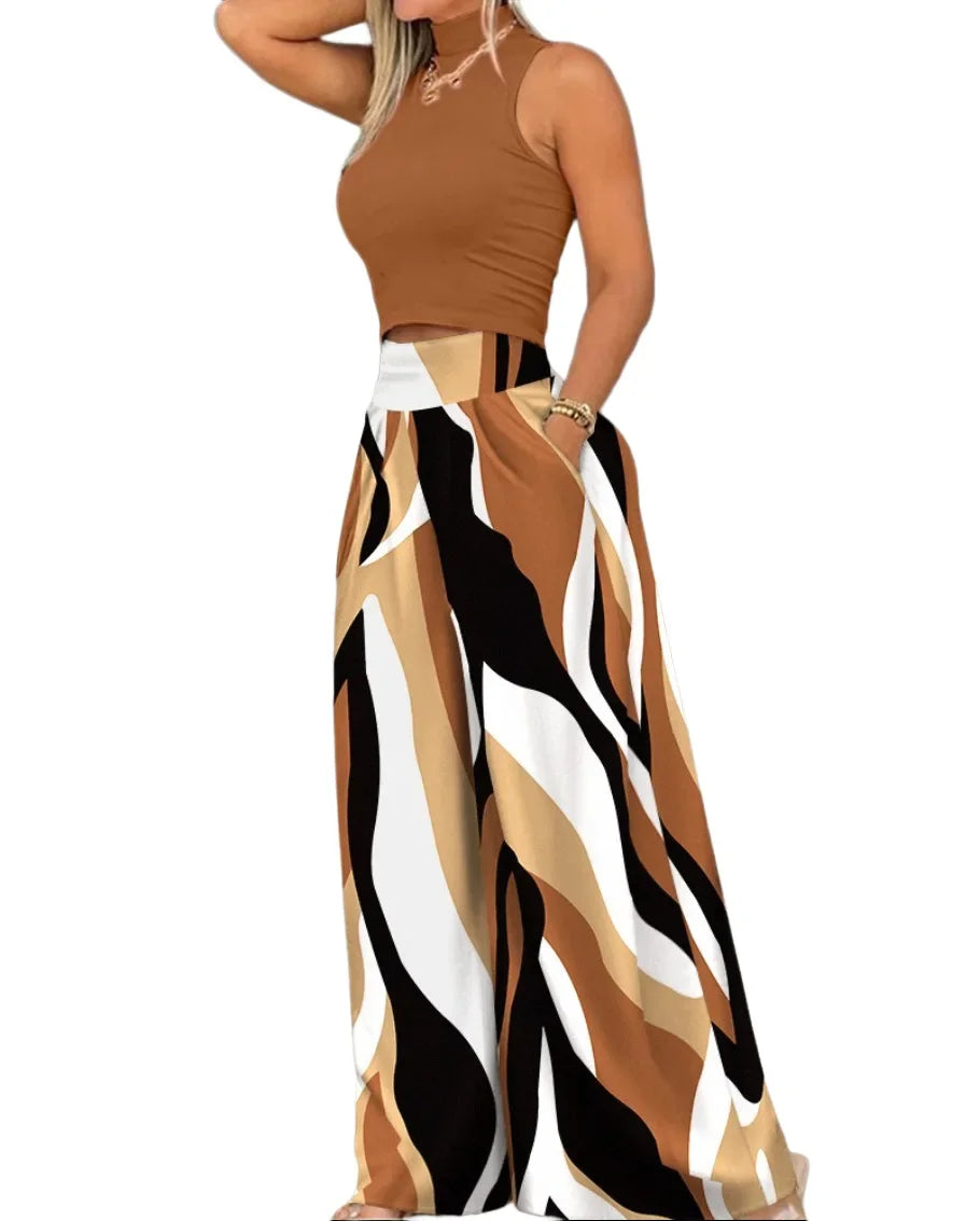 Sleeveless Printed Fashion 2 Piece Pants Set