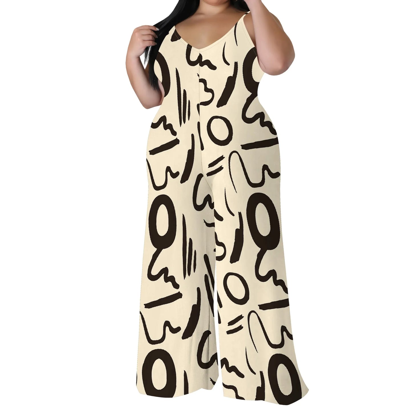 Plus Size Printed Jumpsuit - Strapless Wide Leg Romper with Scarf, Boho Palazzo Pants for Women