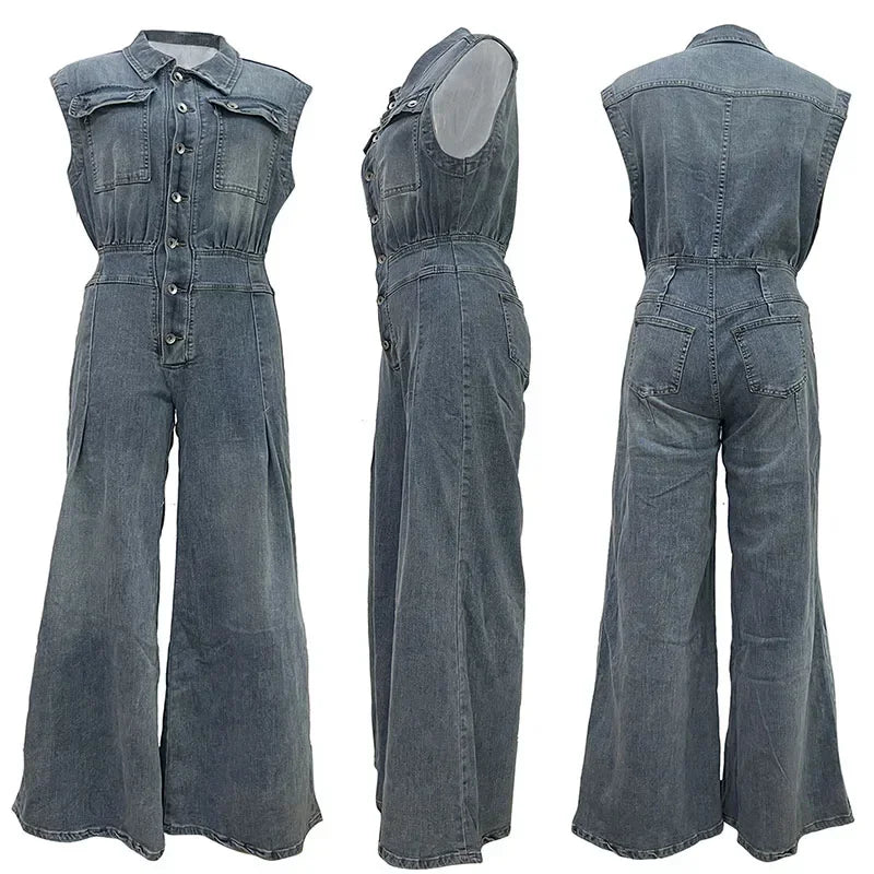Streetwear Denim Jumpsuit Women Jean Overalls Sleeveless Elegant Turn-Down Collar Single Breasted Vintage One Pieces Rompers
