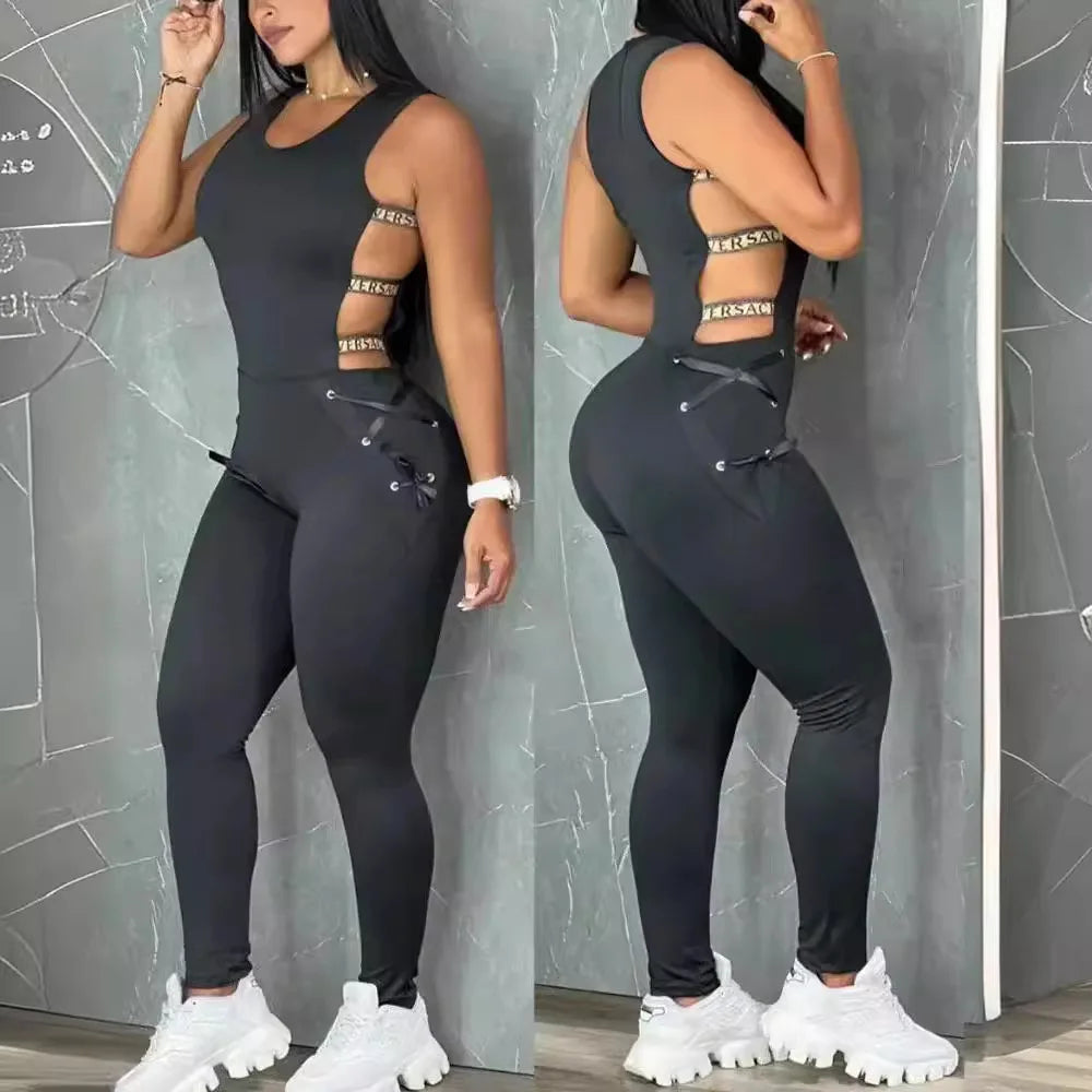Women's Hollow Out Jumpsuit Summer Clothes Sleeveless Sexy Ladder Yoga Seamless Gym Skinny Casual Daily Long Jumpsuit