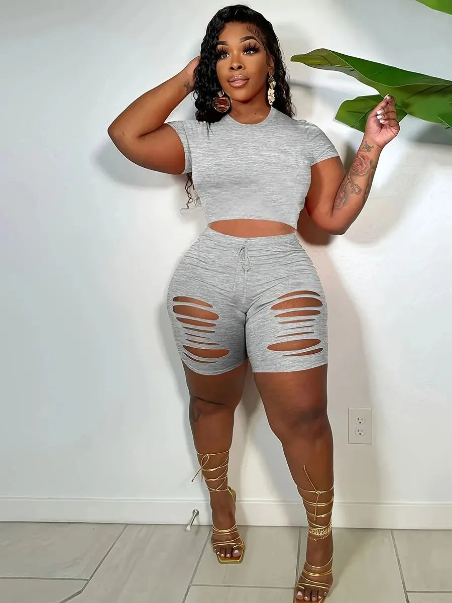 Crew Neck 2 Piece Top & Cut Out Shorts Set