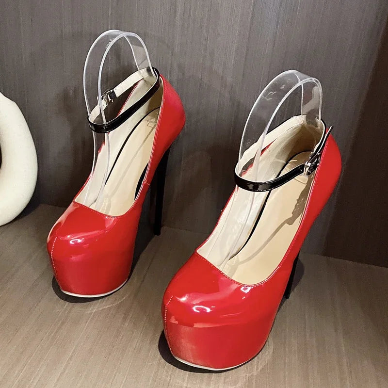Eilyken 2025 New Sexy Extreme Thin High Heels Women Pumps Elegant Round Toe Buckle Strap Banquet Pole Dancing Sandals Shoes