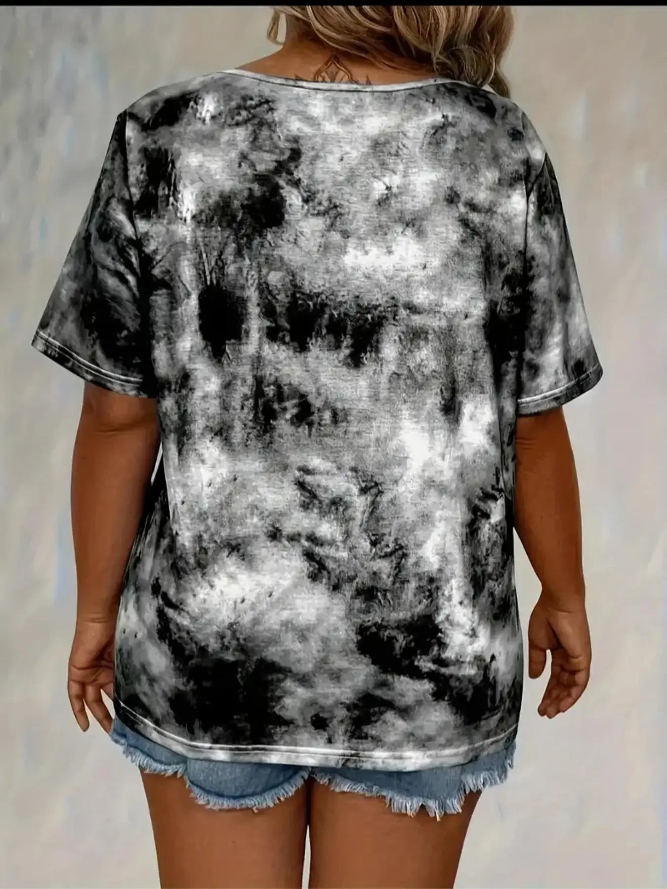 Women's Plus Size 1XL-5XL Fashion Tie Dye Print Loose Fit Tee with Lace-Up Short Sleeve T-Shirt Ladies Casual Drape Neck T-shirt