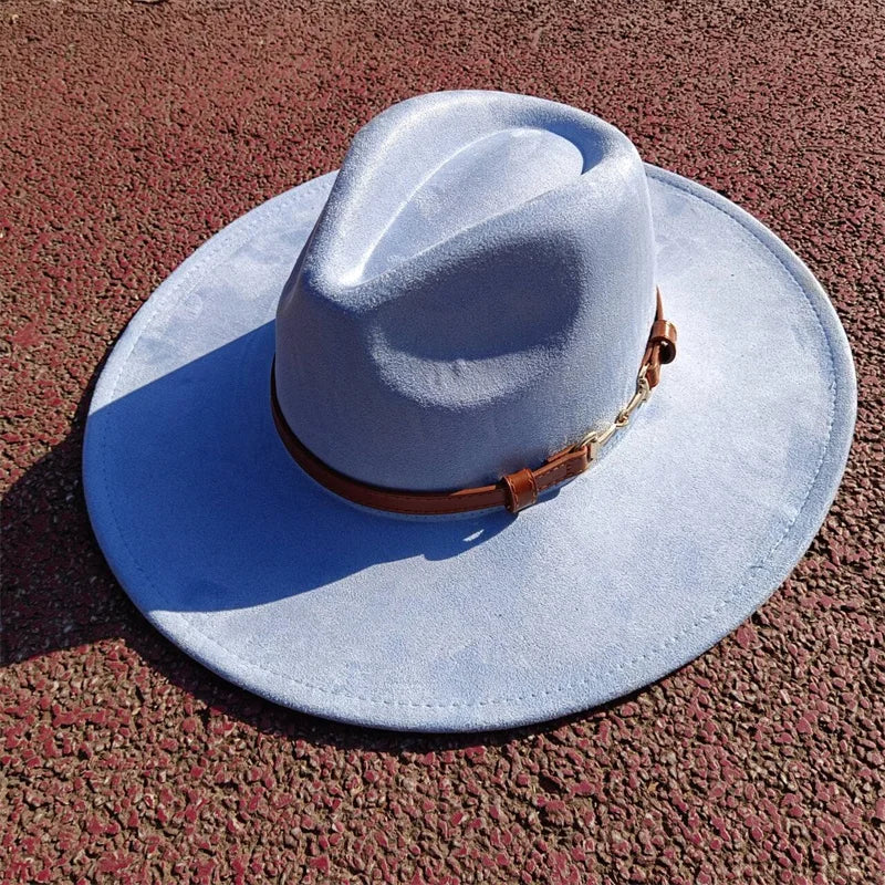 Suede fedora hat with same color accessories teardrop top wide brim hat for men and women Panama hat chapeau homme sombrero