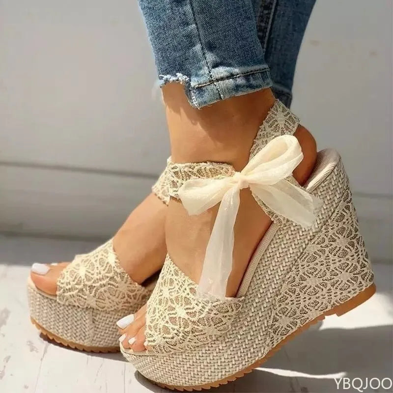 Summer New Fashion Slope Heel Fish Mouth Women's Sandals Party Lace Lace Strap Waterproof Platform Thick soled High Heels