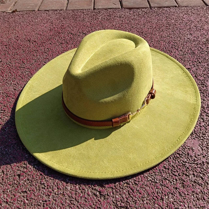 Suede fedora hat with same color accessories teardrop top wide brim hat for men and women Panama hat chapeau homme sombrero