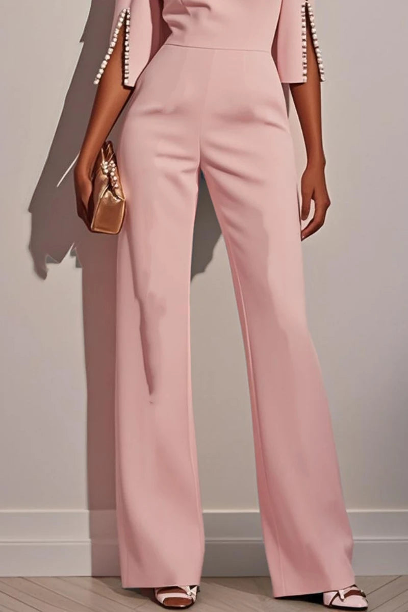 Women's Jumpsuit Casual Solid Color 3/4 Length Sleeve Straight Round Neck Beaded High Waist Daily Going out Regular Fit Black Wh