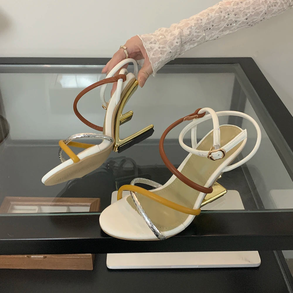 Aneikeh Summer Fashion Fretwork Heels Cross Striped Color Blocked High-heeled Sandals Women Ankle Buckle Strap Gladiator Shoes