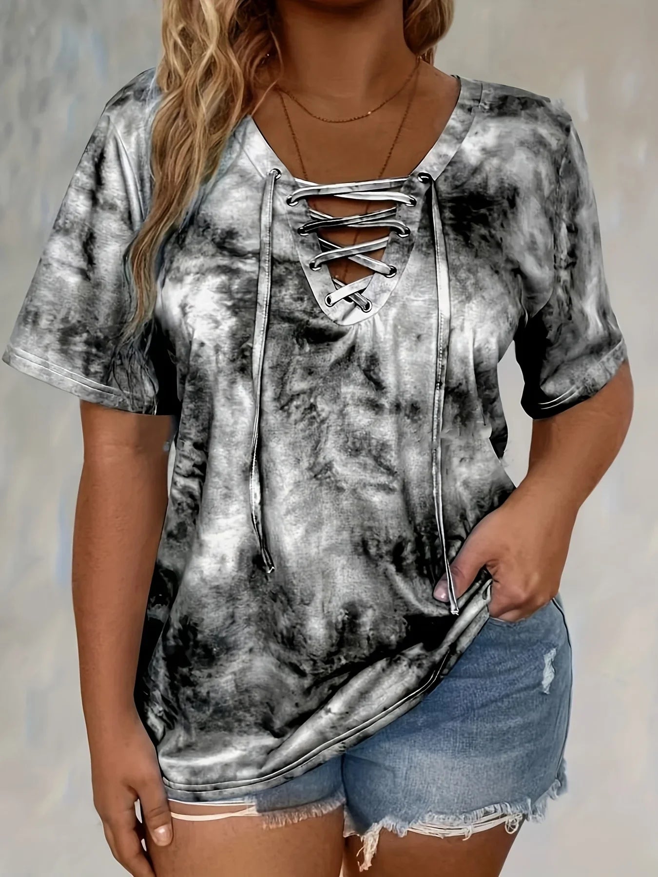 Women's Plus Size 1XL-5XL Fashion Tie Dye Print Loose Fit Tee with Lace-Up Short Sleeve T-Shirt Ladies Casual Drape Neck T-shirt