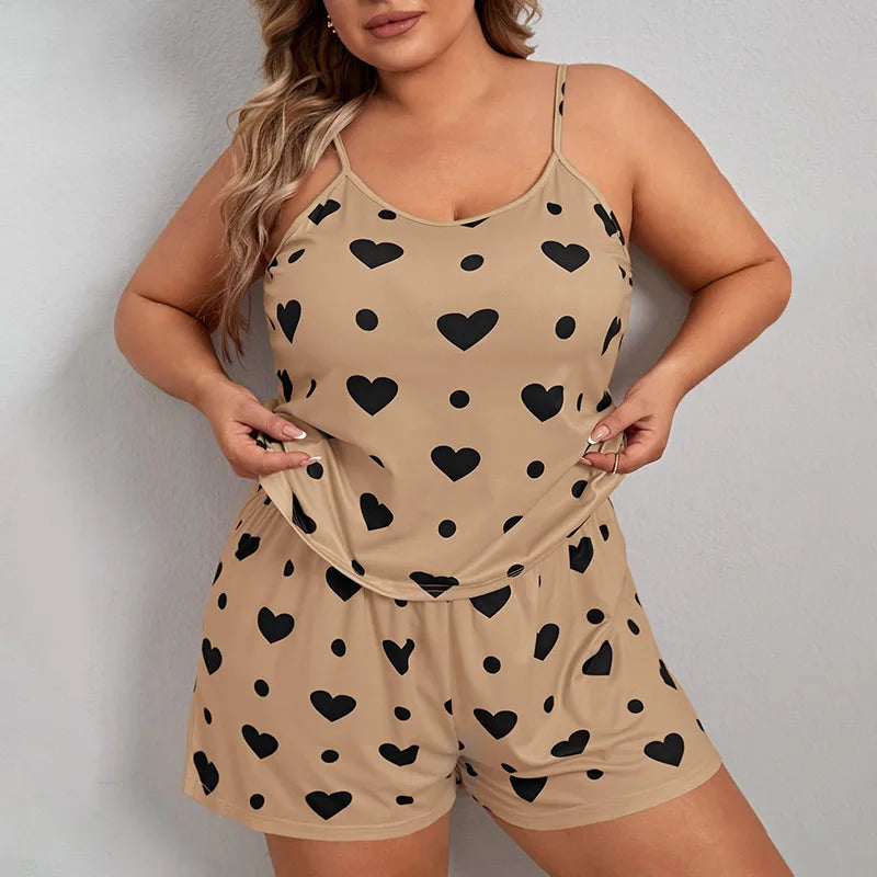 Sur plus size heart print women pajama set sleeveless XL XXL XXXL elastic waist shorts 2 pieces female sleepwear nightwear