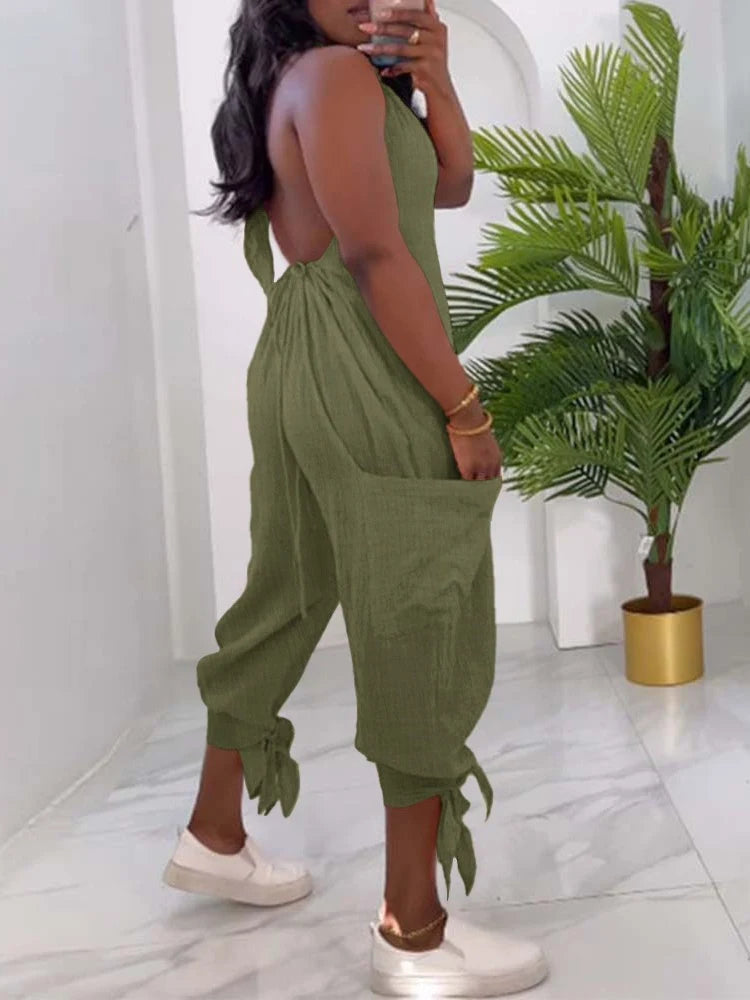 Casual Long Jumpsuits for Women Clothing Summer 2025 Trend Halter Tied Detail Pocket Design Jumpsuit Woman One Pieces Outfit