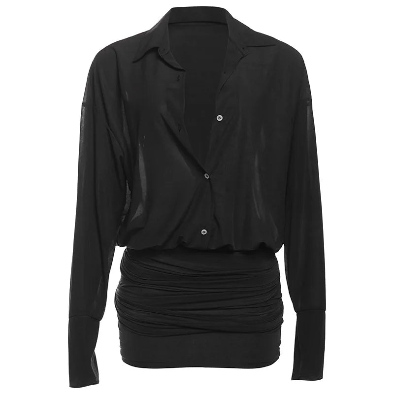 Women Fashion Solid Lace Up Bodycon Mini Shirts Dress Turn Down Collar Long Sleeve Single Breasted Hipster Holiday Outfits