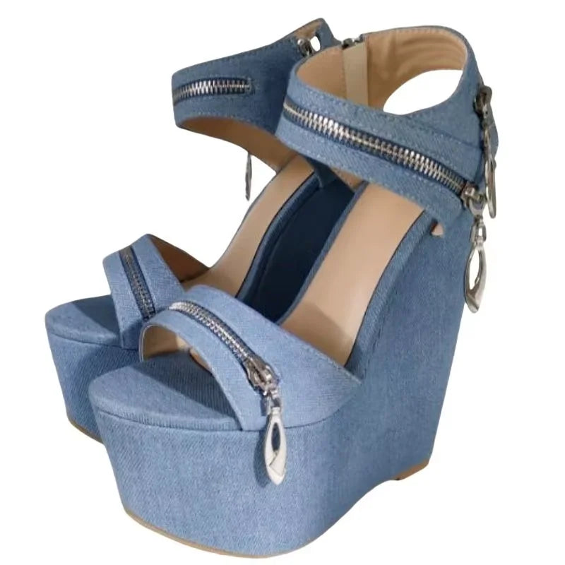 Leather Zipper Platform Wedges