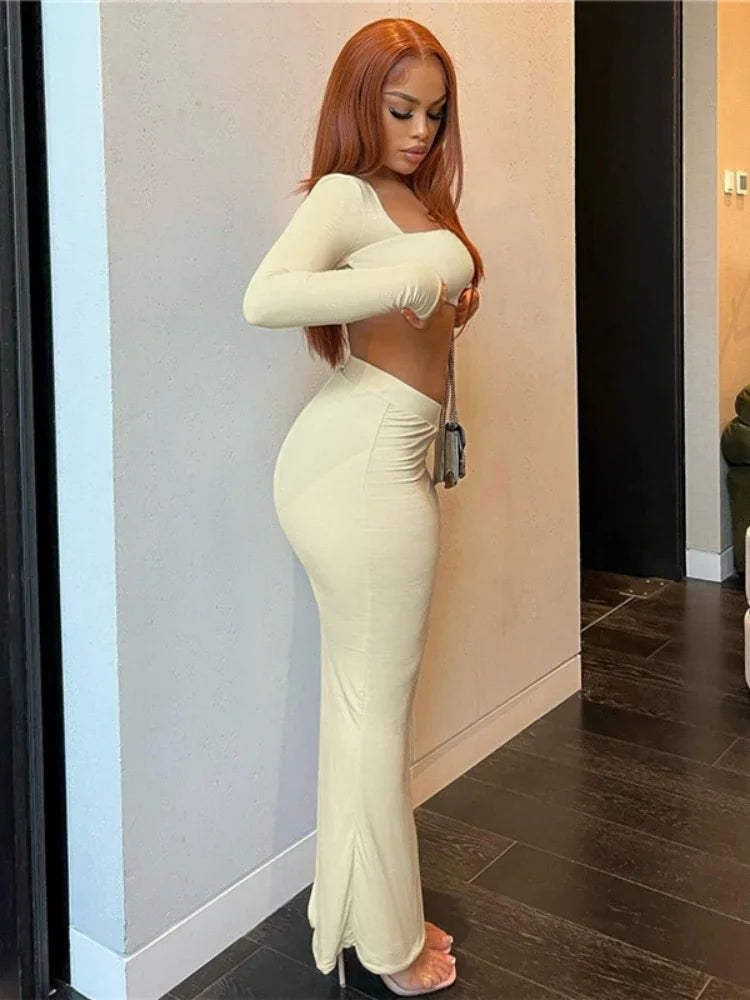 2 Piece Sets Women Outfits Casual Conjuntos Feminino Elegante Square Collar Crop Top Slim Skirt Long Sleeve Ensembles De Jupes
