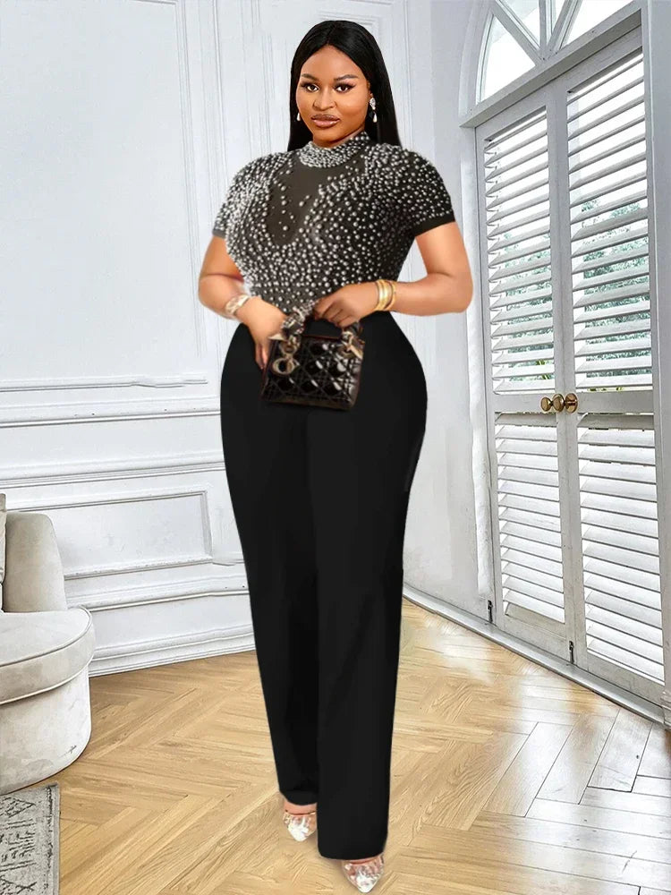 Customized Elegant Jumpsuits & Rompers for Women O Nec Short Sleeve Beaded High Waisted Luxury Female Birthday Dinner Party Over