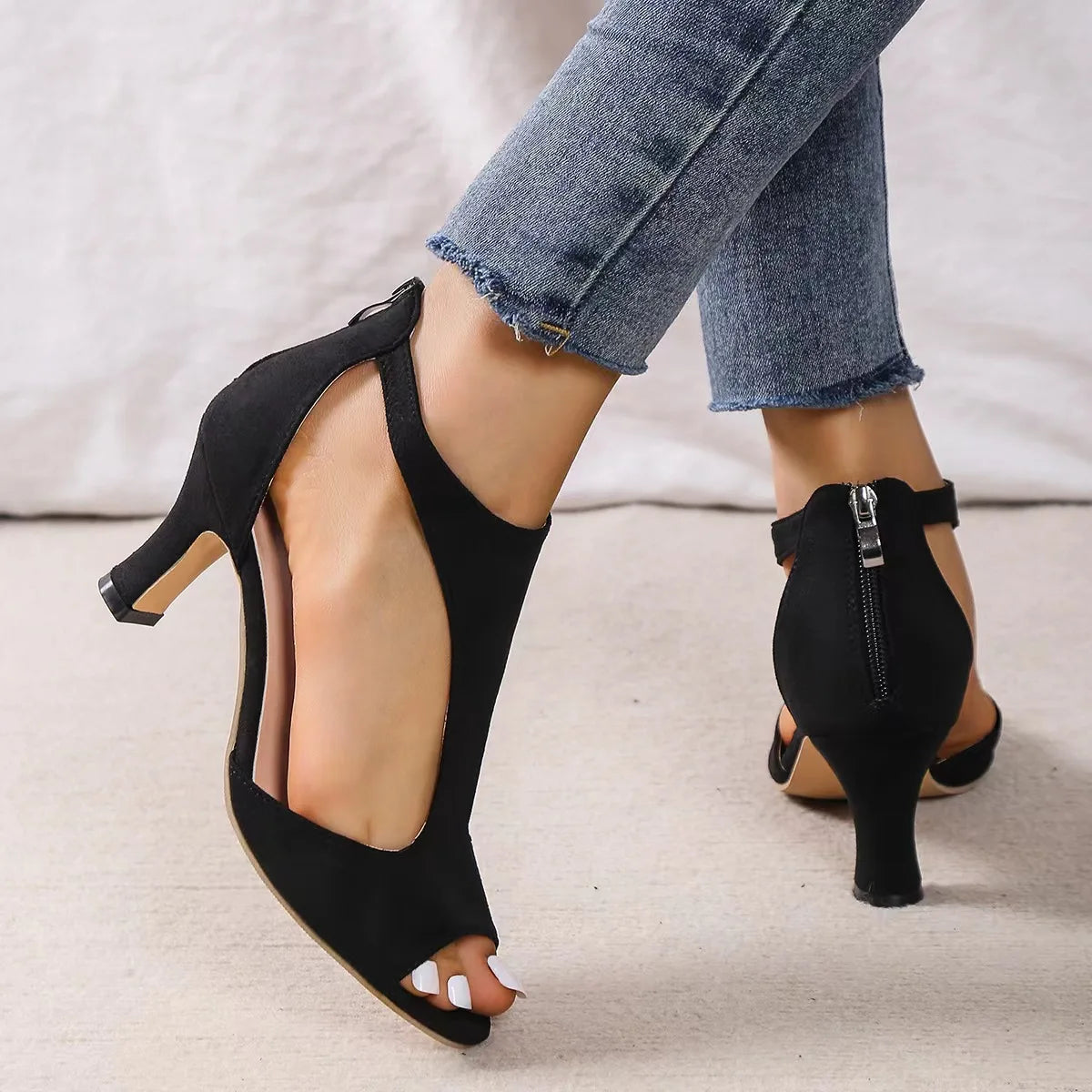 Zipper Back Chunky French High Heel