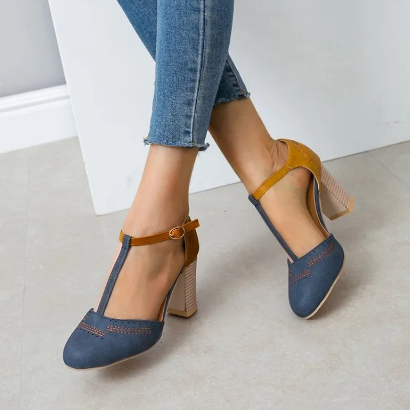 Women Heel High Shoes Pumps Square Ladies Platform Round Toe T-tied Square Heel Wedding Dress Shoes