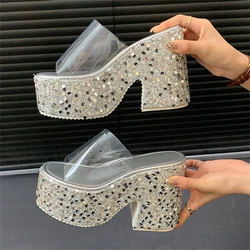 Eilyken Summer PVC Transparen Sequin Cloth Platform Open Toe Women's Slippers Designer Square High Heels Shoes Zapatos De Mujer