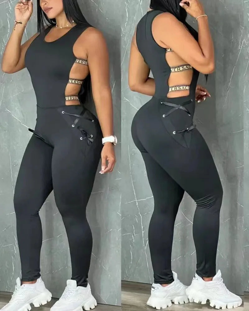 Women's Hollow Out Jumpsuit Summer Clothes Sleeveless Sexy Ladder Yoga Seamless Gym Skinny Casual Daily Long Jumpsuit