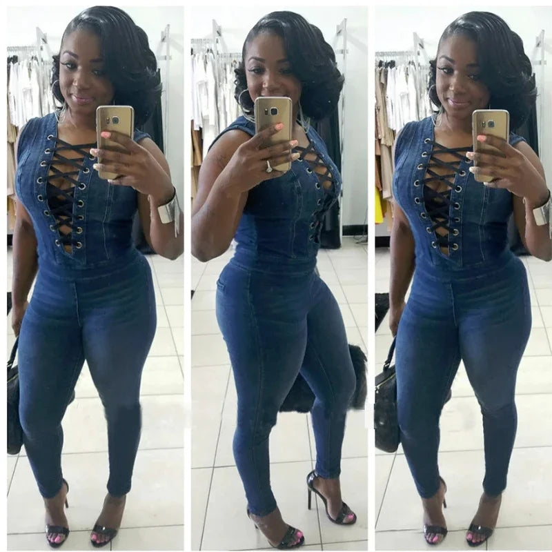 Women Denim Jumpsuits Sleeveless Lace Up Eyelet Long Pants Jeans Rompers