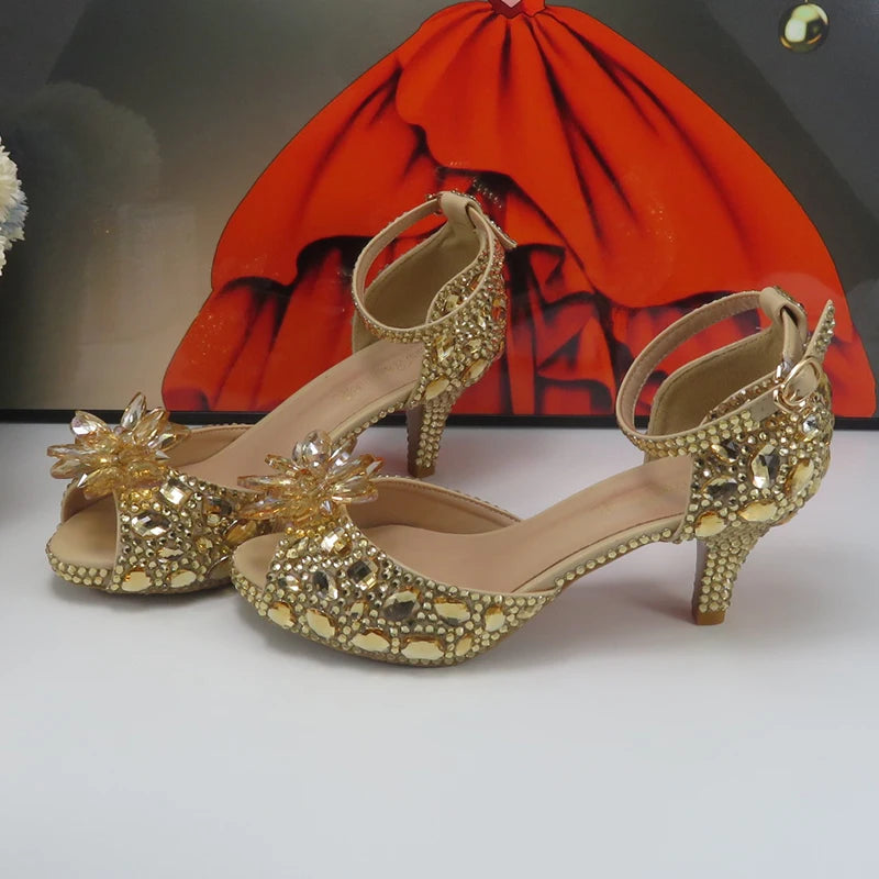 BaYa Fang Champagne Crystal Bridal Party shoes bag Set Women Thin Heel Wedding Evening shoes Open Toe Sandals Ankle Strap Female