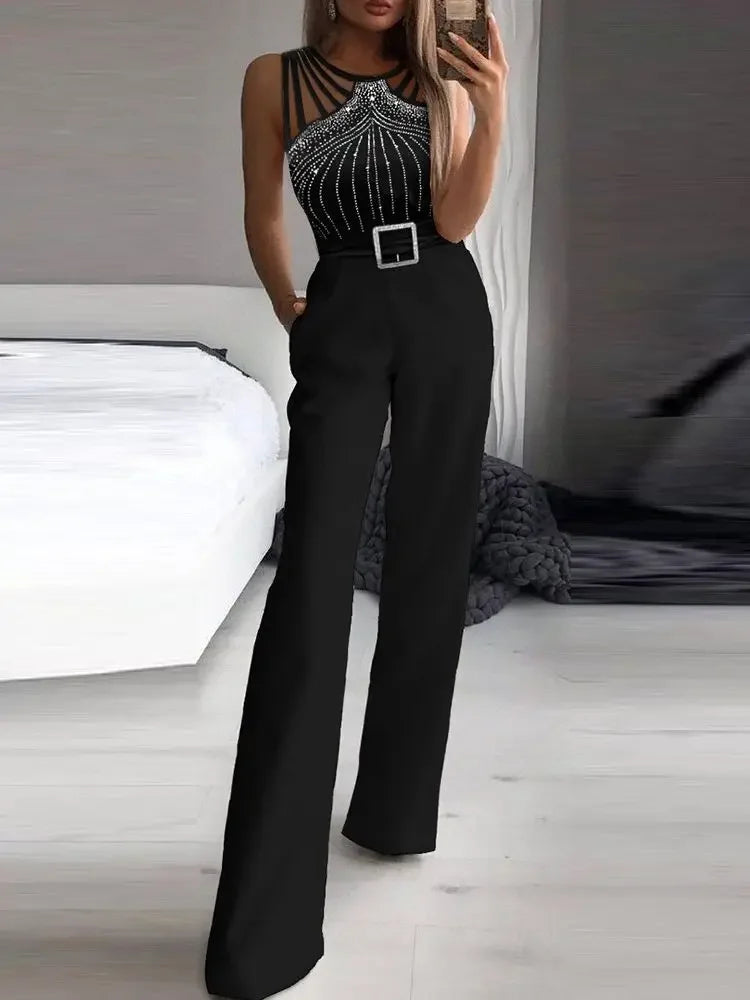 Summer Jumpsuits Women 2025 New Fashion Office One Pieces Black Multi Strap Sleeveless Rhinestone Bootcut Jumpsuit Overalls