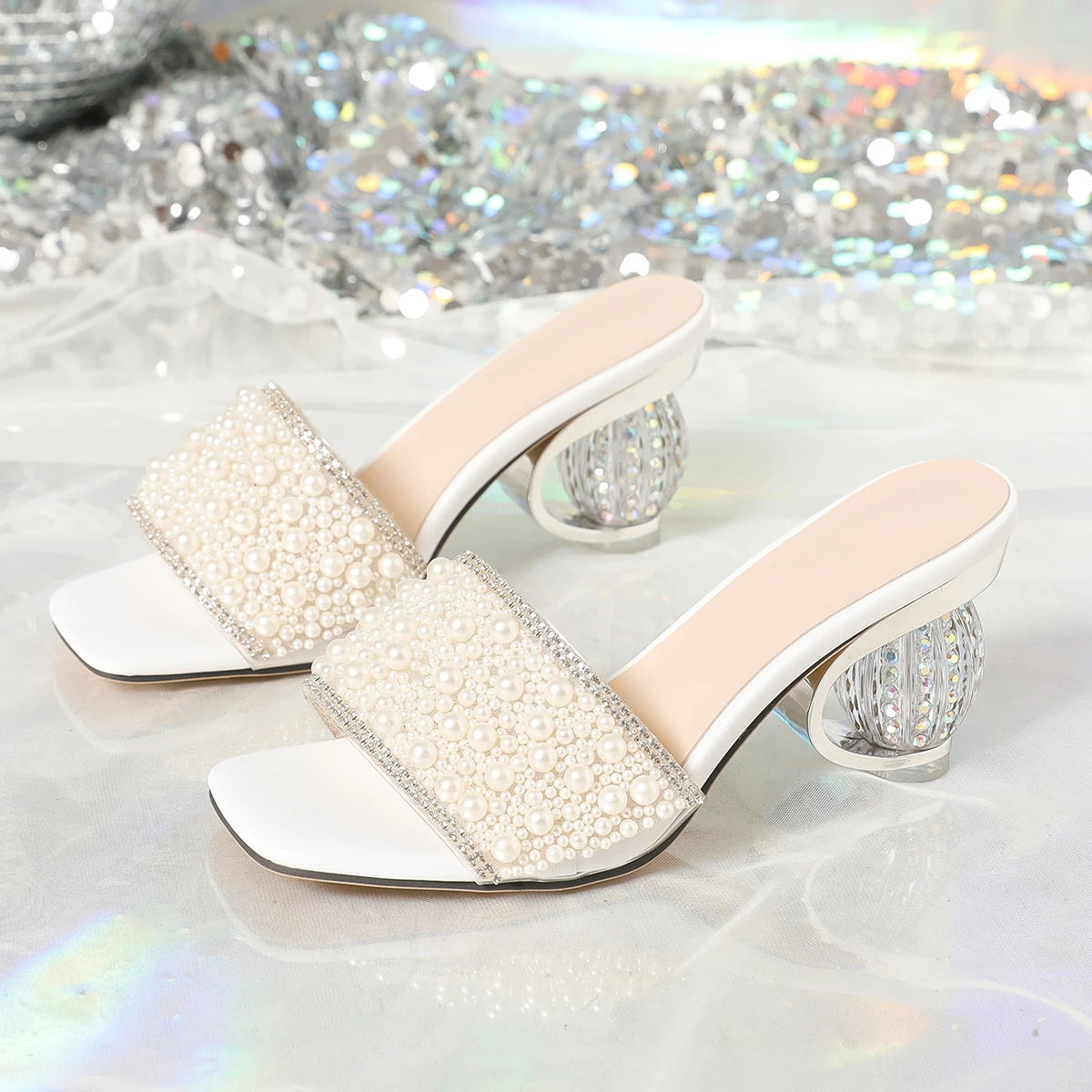 Aneikeh White Pearl Shiny Sandals Slippers Women Transparent Thick Bottom Party Dress Mules High Heels 2026 Summer Heeled Beach