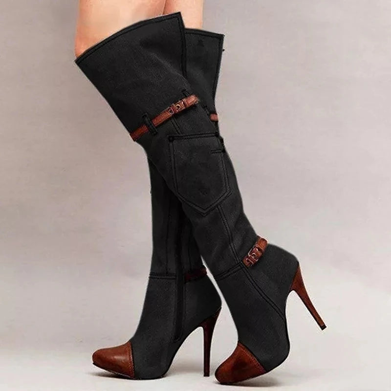 Fashionable Knee High Denim High Heel Boots