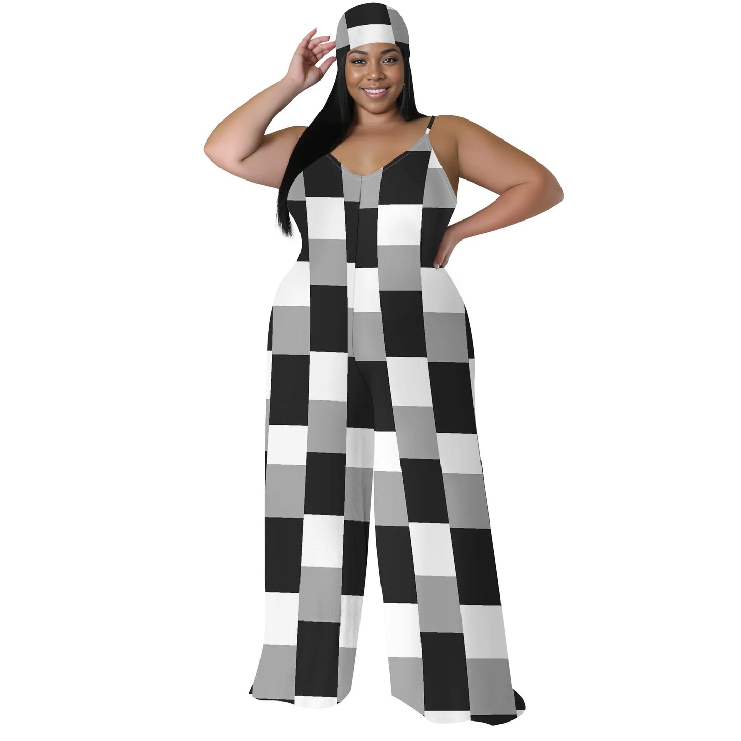 Plus Size Printed Jumpsuit - Strapless Wide Leg Romper with Scarf, Boho Palazzo Pants for Women
