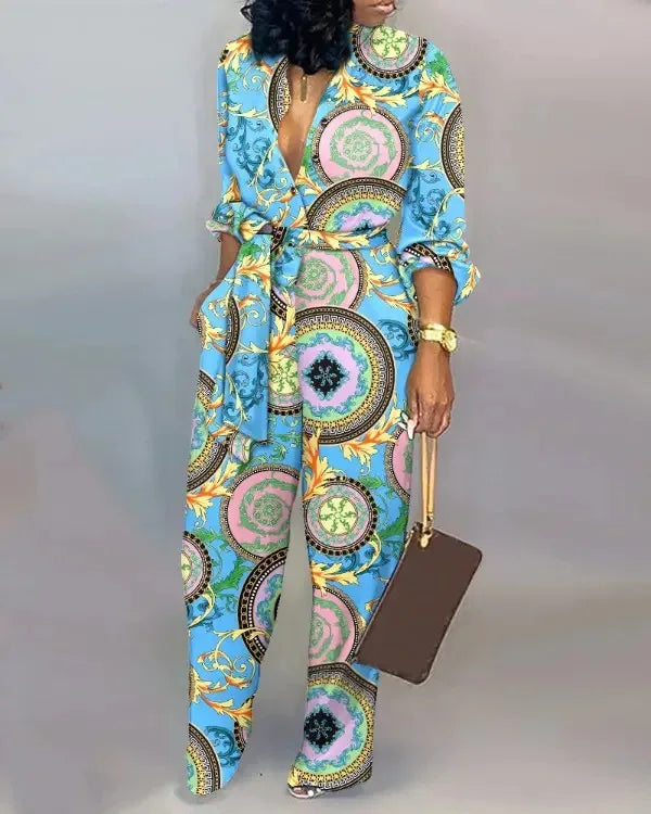 High-Waist Casual Straight-Leg Loose Printed Jumpsuit