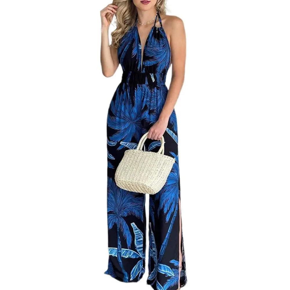 Sexy Sleeveless Halter Jumpsuit Women 2022 Summer Romper Floral Print Wide Leg Long Pants for Women Jumpsuits комбинезон женский