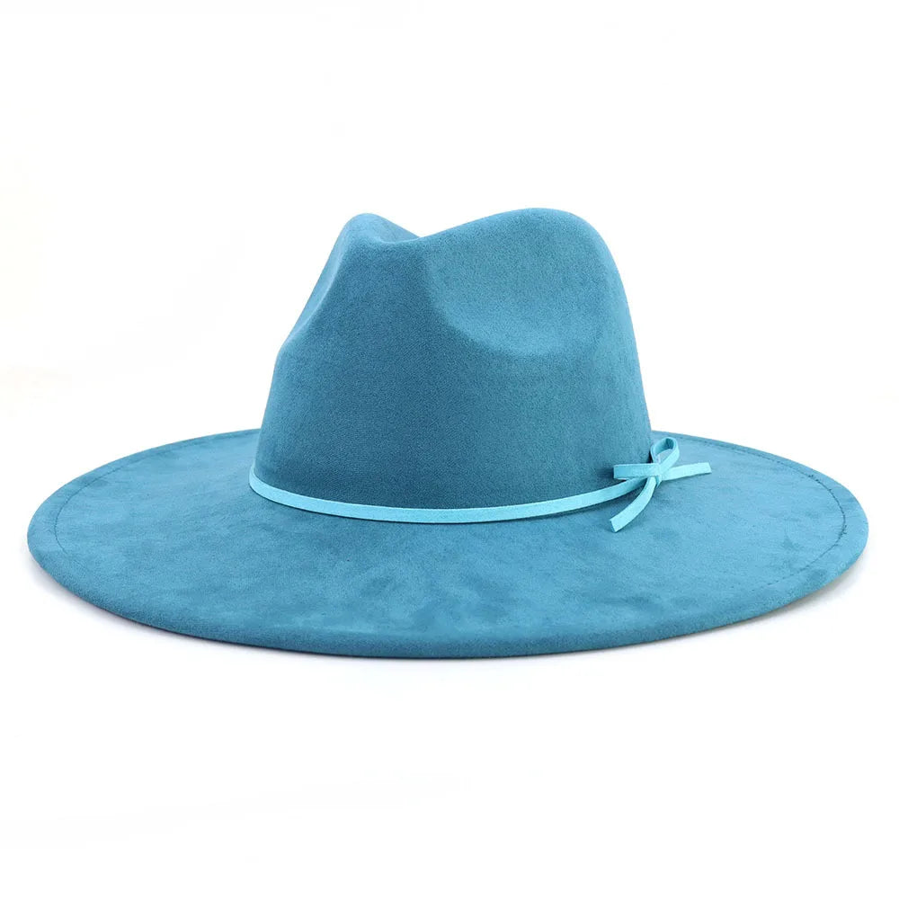 Suede fedora hat with same color accessories teardrop top wide brim hat for men and women Panama hat chapeau homme sombrero