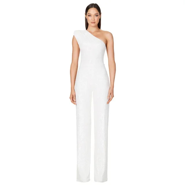 Women Elegant Long Jumpsuits Sexy Glitter Sequin Club Ladies Playsuits Slanted Collar Party Fashion Backless Solid Romper 2024