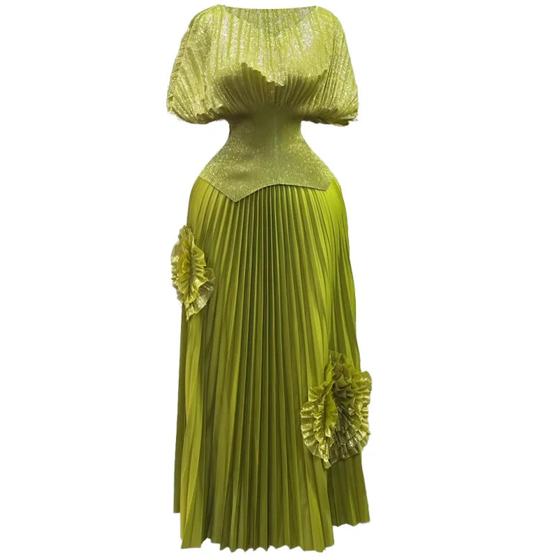 2 Piece Pleated Top Long Skirt Set