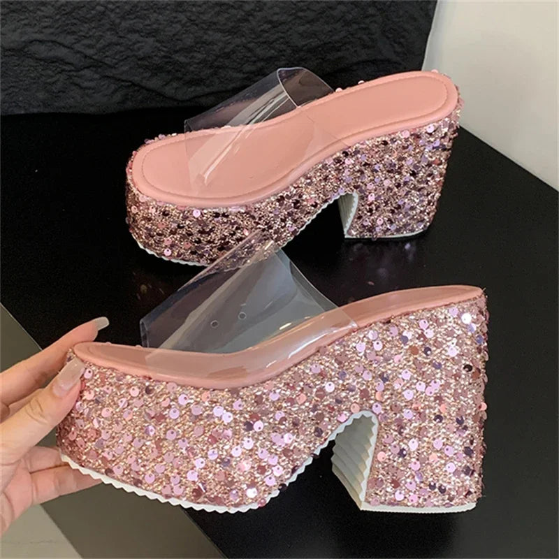 Eilyken Summer PVC Transparen Sequin Cloth Platform Open Toe Women's Slippers Designer Square High Heels Shoes Zapatos De Mujer