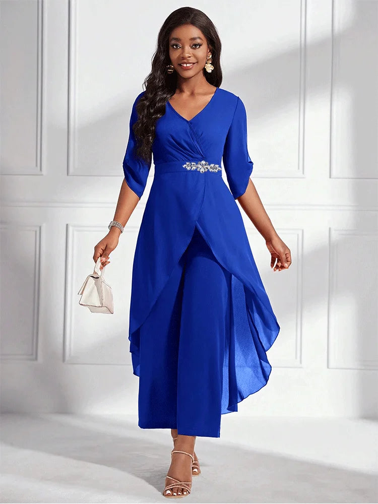 Elegant 2 Piece V-Neck Loose Pants Set