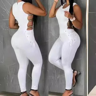 Women's Hollow Out Jumpsuit Summer Clothes Sleeveless Sexy Ladder Yoga Seamless Gym Skinny Casual Daily Long Jumpsuit